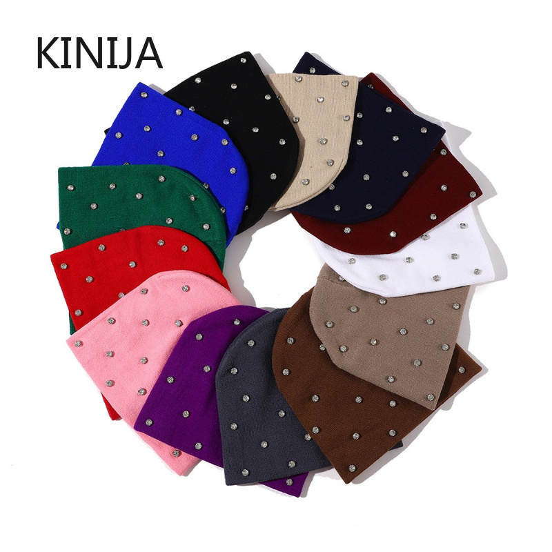 Beanie Cuffed Knit - Winter gebreide damesmuts met strassversiering, opgerolde